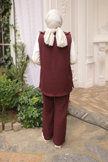 Bordo Fitilli Yelek Tunik Pantolonlu Üçlü Takım