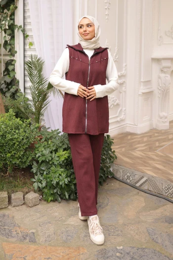 Bordo Fitilli Yelek Tunik Pantolonlu Üçlü Takım