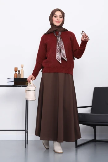 Bordo Fular Detaylı Angora Yumoş Kazak