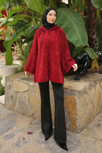 Bordo Kapüşonlu Düğmeli Simli Triko Hırka