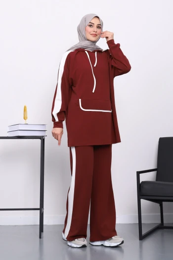 Bordo Kapüşonlu Renk Bloklu Tunik Pantolonlu Takım