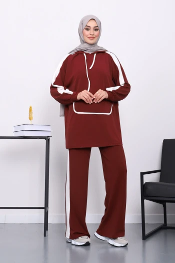 Bordo Kapüşonlu Renk Bloklu Tunik Pantolonlu Takım
