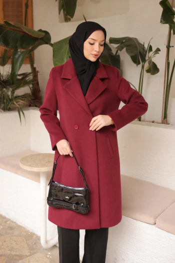 Bordo Kruvaze Yaka Astarlı  Kaşe Kaban