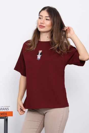 Bordo Nakışlı Modal Kısa Kol  T-Shirt