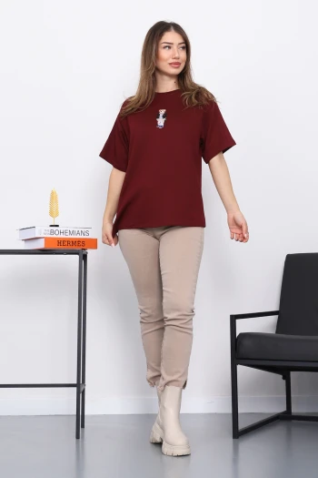 Bordo Nakışlı Modal Kısa Kol  T-Shirt