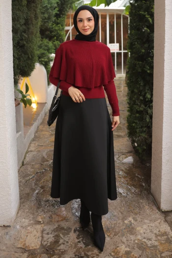 Bordo Pelerin Detaylı Fitilli Triko Kazak