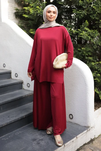 Bordo Piliseli Sandy Tunik Pantolon Takım