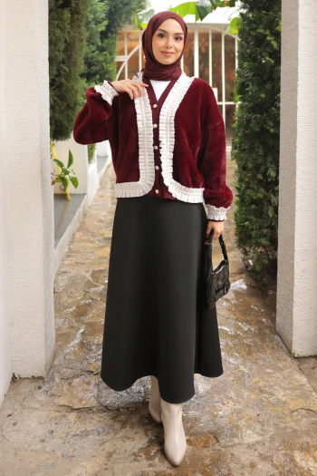 Bordo Piliseli Taş Detaylı Angora Yumoş Triko Hırka