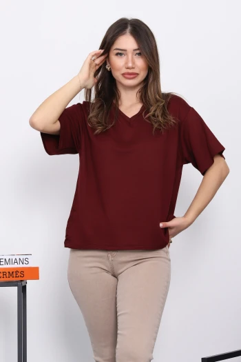 Bordo V Yaka Kısa Kol T-Shirt