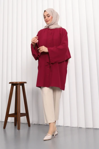 Bordo Yarasa Kol Linda Tunik