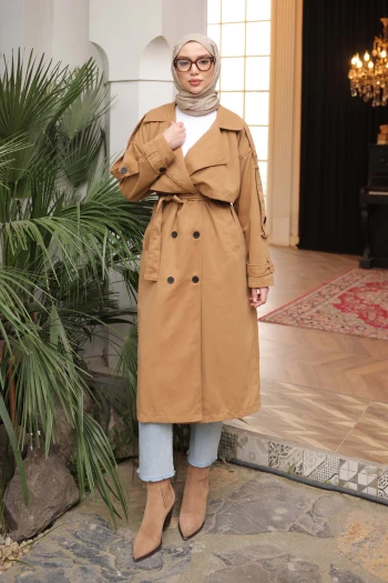 Camel Kruvaze Yaka Astarlı Trençkot