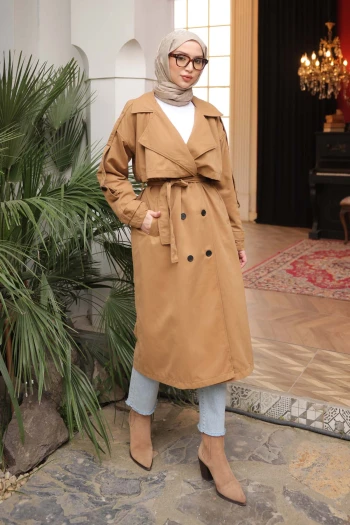 Camel Kruvaze Yaka Astarlı Trençkot