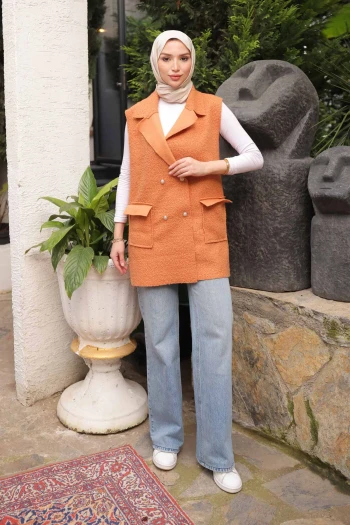 Camel Kruvaze Yaka Cepli Buklet Yelek