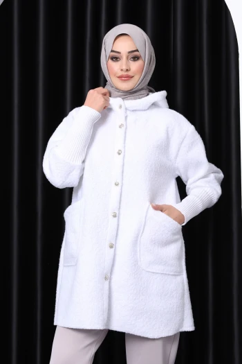 Ekru Kapşonlu Buklet Kaban