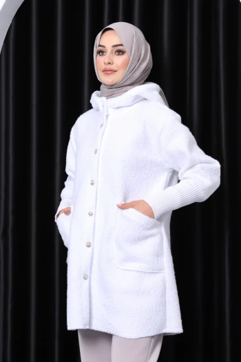 Ekru Kapşonlu Buklet Kaban