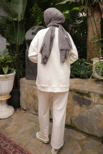 Ekru Kot Garnili Modal Tunik Pantolonlu Takım