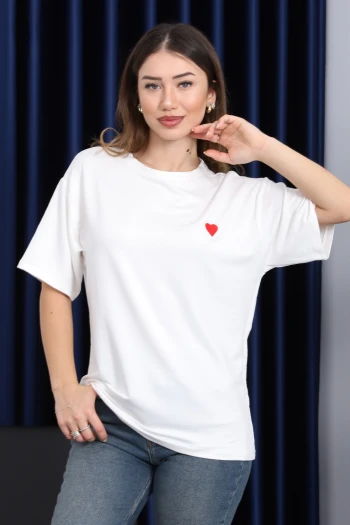 Ekru Nakışlı Kısa Kol Modal T-Shirt