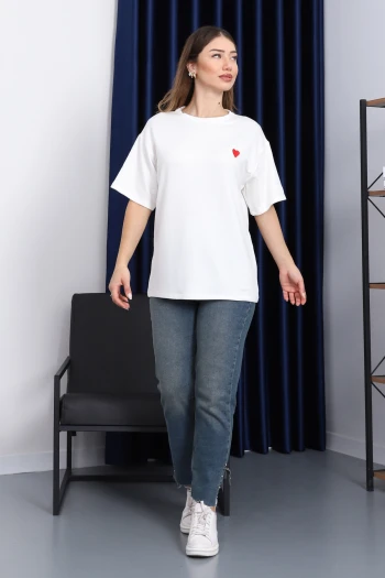 Ekru Nakışlı Kısa Kol Modal T-Shirt