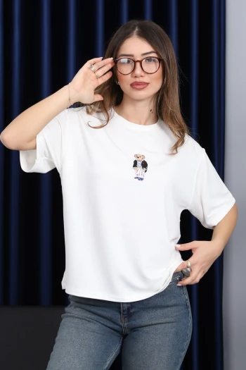 Ekru Nakışlı Modal Kısa Kol  T-Shirt