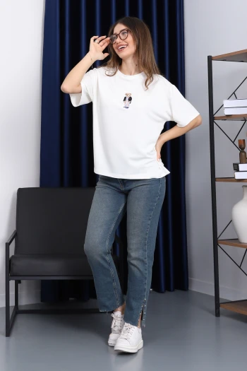 Ekru Nakışlı Modal Kısa Kol  T-Shirt