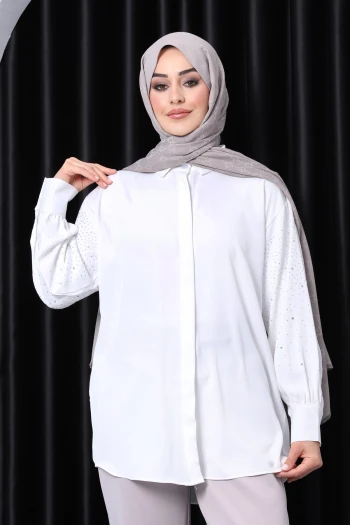 Ekru Kol Taşlı Gömlek