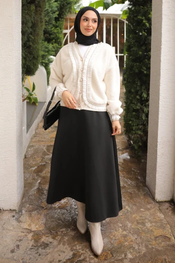 Ekru Piliseli Taş Detaylı Angora Yumoş Triko Hırka