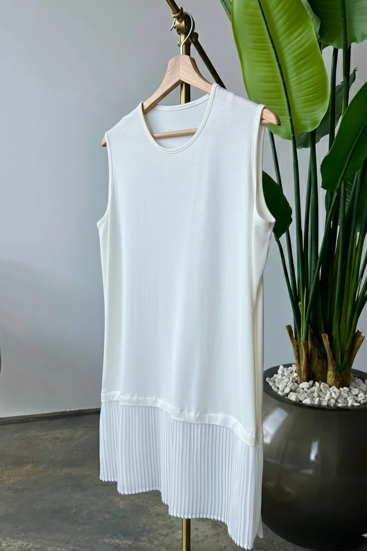 Ekru Sıfır Kol Etek Ucu Piliseli Tunik İçlik