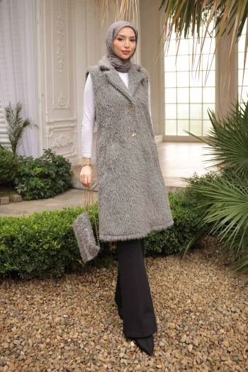 Füme Çanta Hadiyeli Angora Pelüş Kürk Yelek