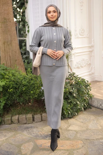 Füme Crop Hırka Triko Elbise İkili Kombin