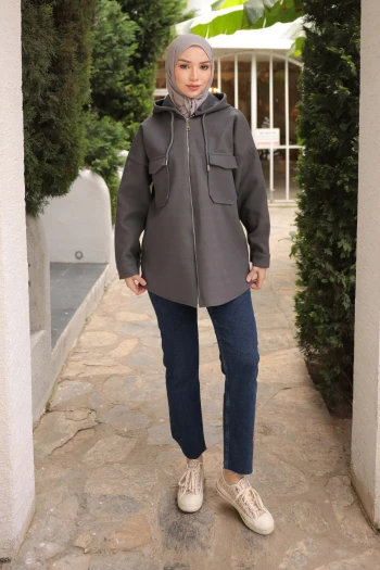 Füme Kapşonlu Fermuarlı Kaşe Ceket