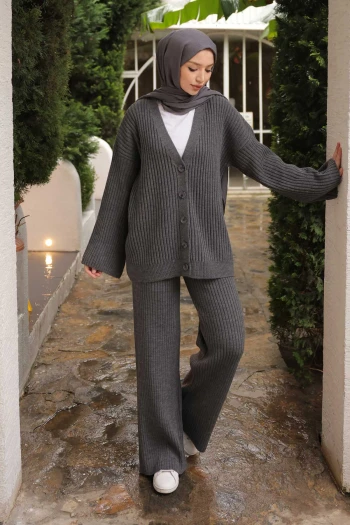 Füme Selanik Örme Hırka Pantolonlu Triko Takım