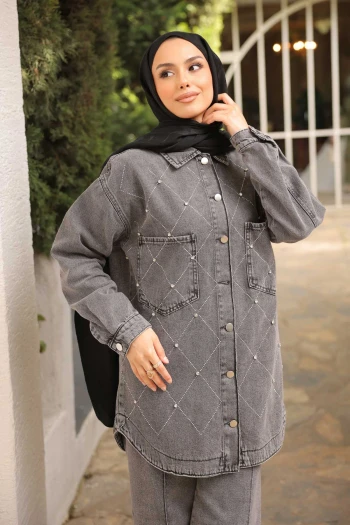 Füme Taş İşlemeli Kot Ceket
