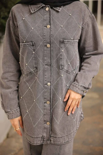 Füme Taş İşlemeli Kot Ceket