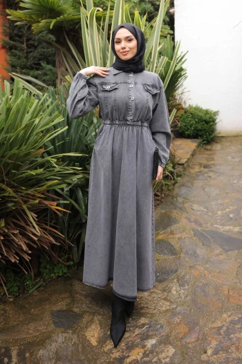 Füme Yaka Düğmeli Bel Lastikli Kot Elbise