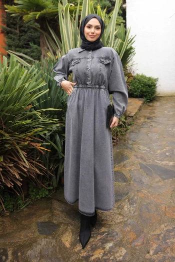 Füme Yaka Düğmeli Bel Lastikli Kot Elbise