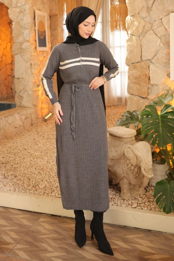 Füme Yaka Fermuarlı Fitilli Çizgili Triko Elbise