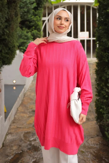 Fuşya Bisiklet Yaka Merserize Salaş Triko Tunik