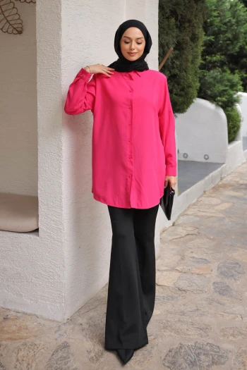Fuşya Düz Terikoton Salaş Gömlek