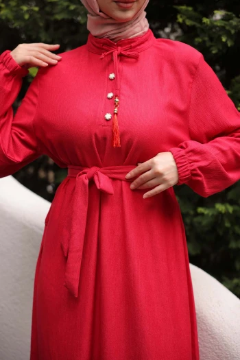 Fuşya Kuşaklı Kol Lastikli Fitilli Elbise