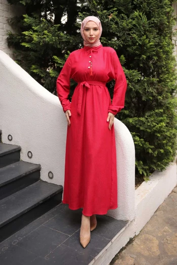 Fuşya Kuşaklı Kol Lastikli Fitilli Elbise