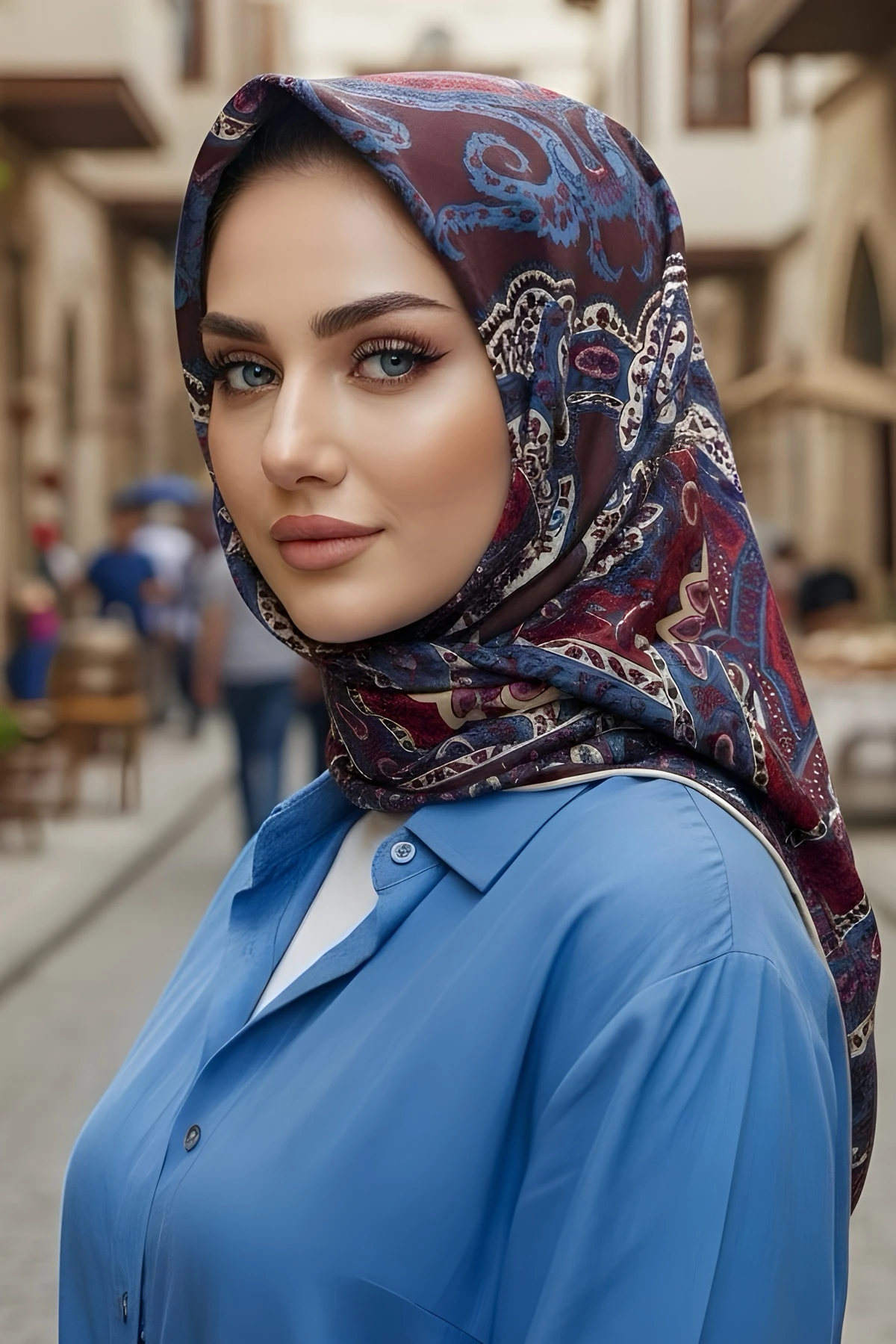 Fuşya Mavi İpekhan Soft Dijital Pamuklu Eşarp