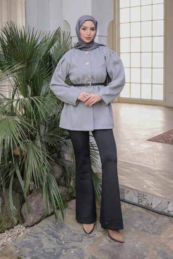 Gri Bel Lastikli Düğmeli Kaşe Çeket