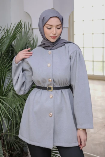 Gri Bel Lastikli Düğmeli Kaşe Çeket