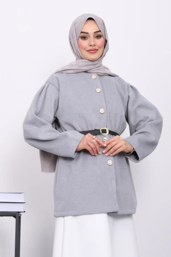 Gri Bel Lastikli Kemerli Kaşe Çeket