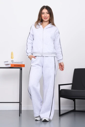 Gri Kapüşonlu Üç İplik Sweat Hırka Pantolonlu Takım