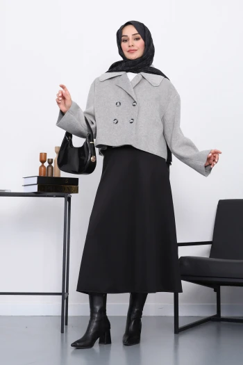 Gri Kısa Düğmeli Kaşe Ceket