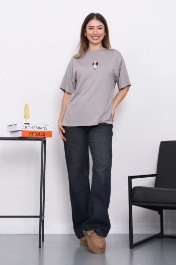 Gri Nakışlı Modal Kısa Kol  T-Shirt