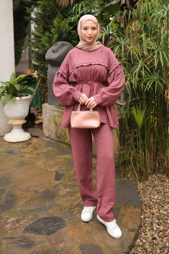 Gül Kurusu Beli İpli Tunik Pantolonlu Modal Takım