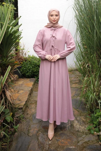 Gül Kurusu Kol Lastikli Yaka Bağlamalı Bürümcük Elbise