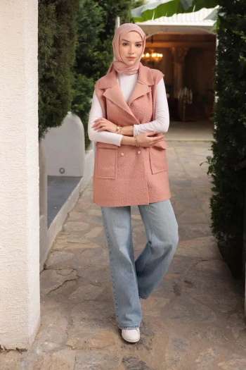 Gül Kurusu Kruvaze Yaka Cepli Buklet Yelek